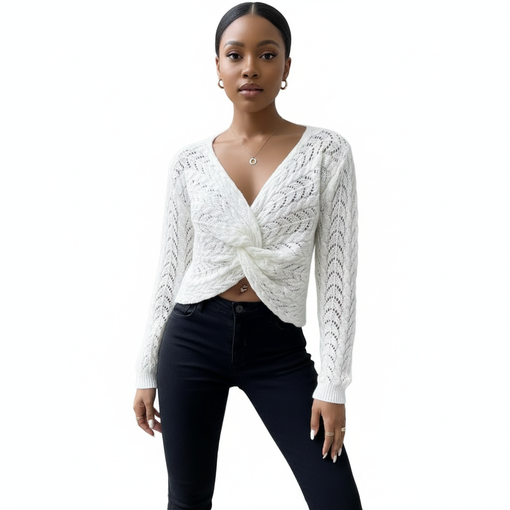 Pointelle Knit Twist Front Crop Sweater
