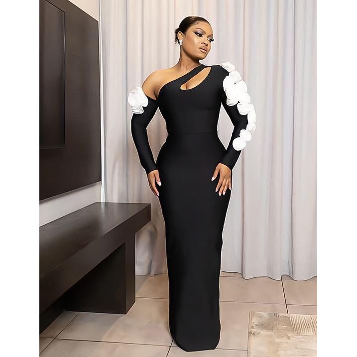 Oblique Shoulder Patchwork 3D Flower Long Sleeve Maxi Dress