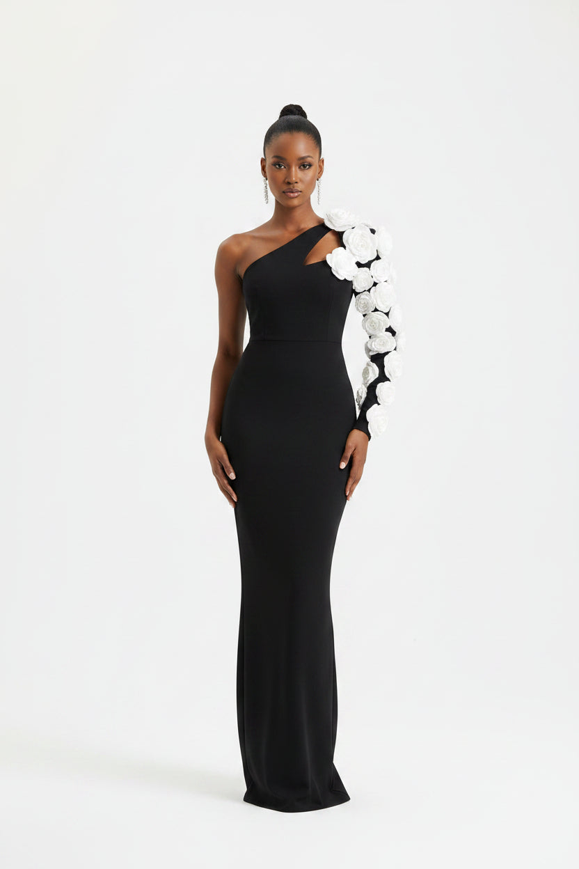 Oblique Shoulder Patchwork 3D Flower Long Sleeve Maxi Dress