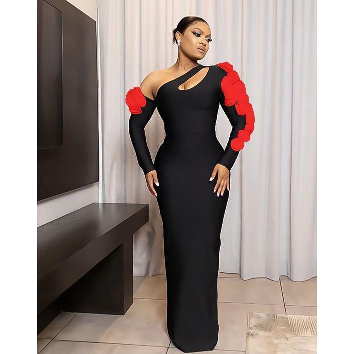 Oblique Shoulder Patchwork 3D Flower Long Sleeve Maxi Dress