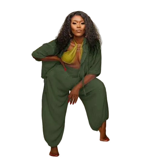 Plus Size 2 Piece Long Sleeve Shirt Top & Wide Leg Pants