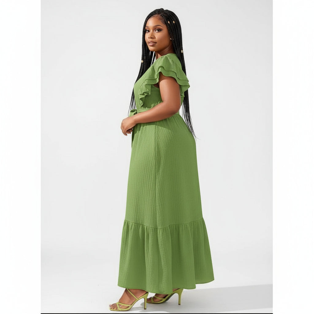 Plus Butterfly Sleeve Ruffle Hem Belted Dress