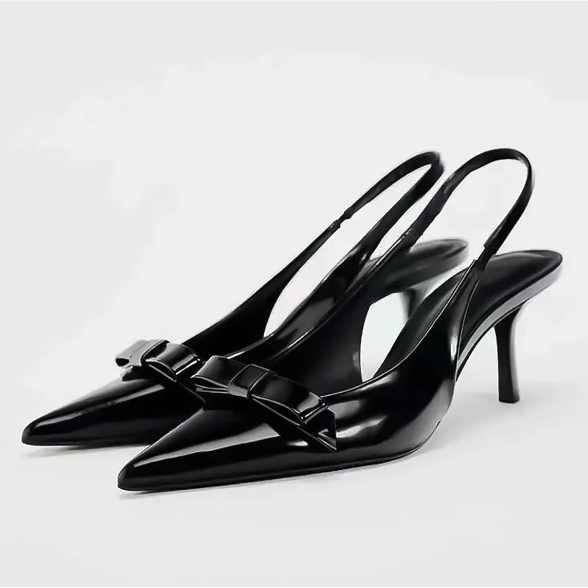 Black Slingback Heels with Bow Accent