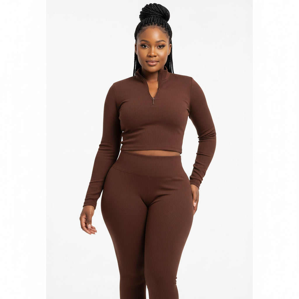Comfortable Crop Long Sleeve Top & Tight Pants Two Piece Set
