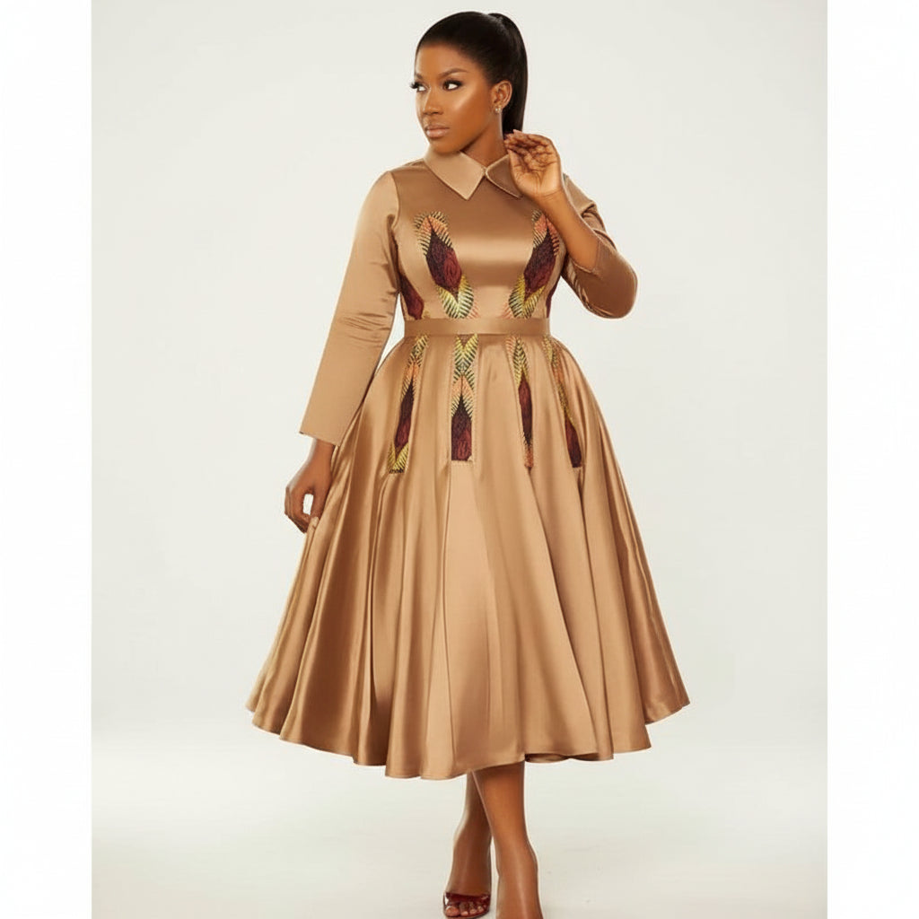 Three Quarters Sleeve Down-Collar Detailed Midi Dress