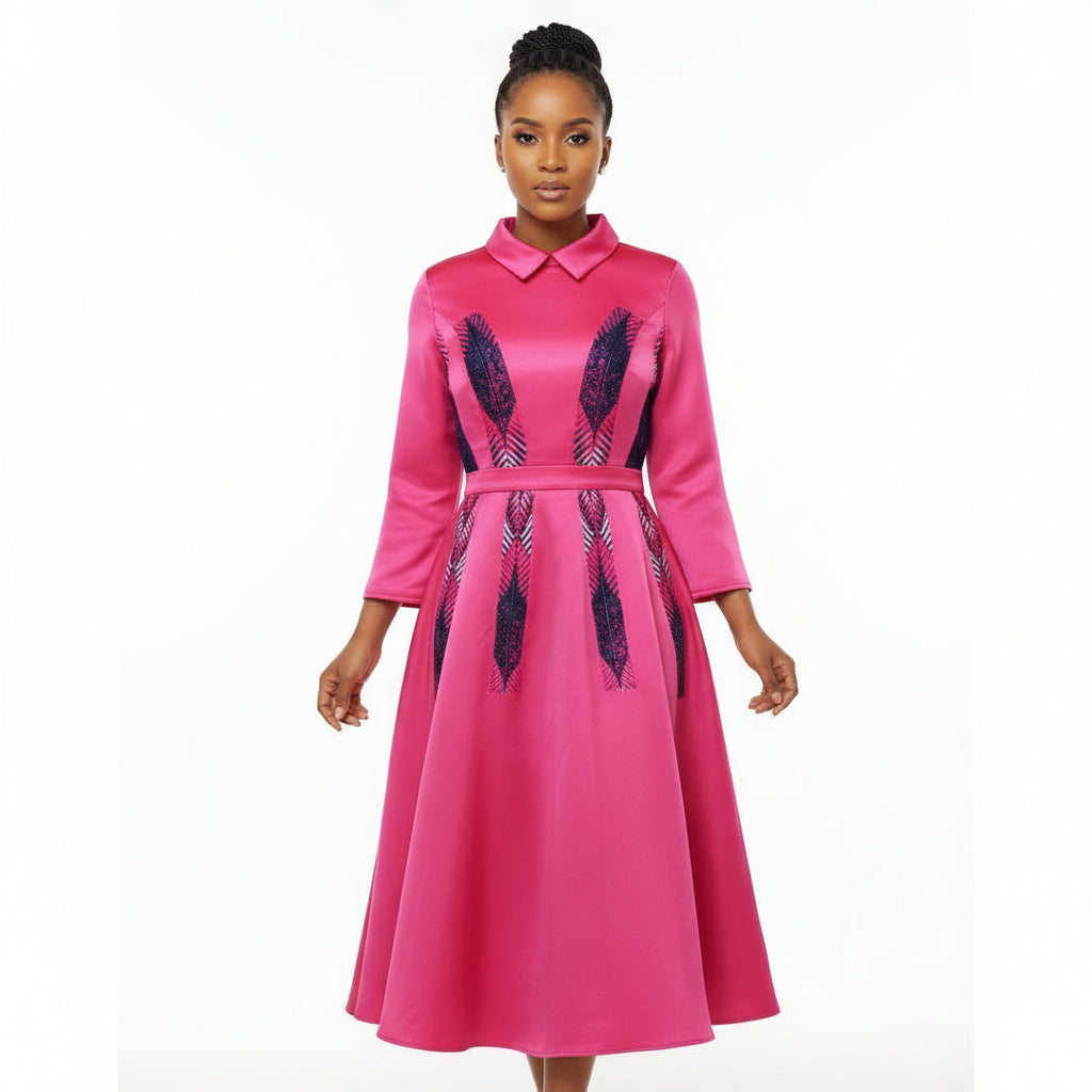 Three Quarters Sleeve Down-Collar Detailed Midi Dress