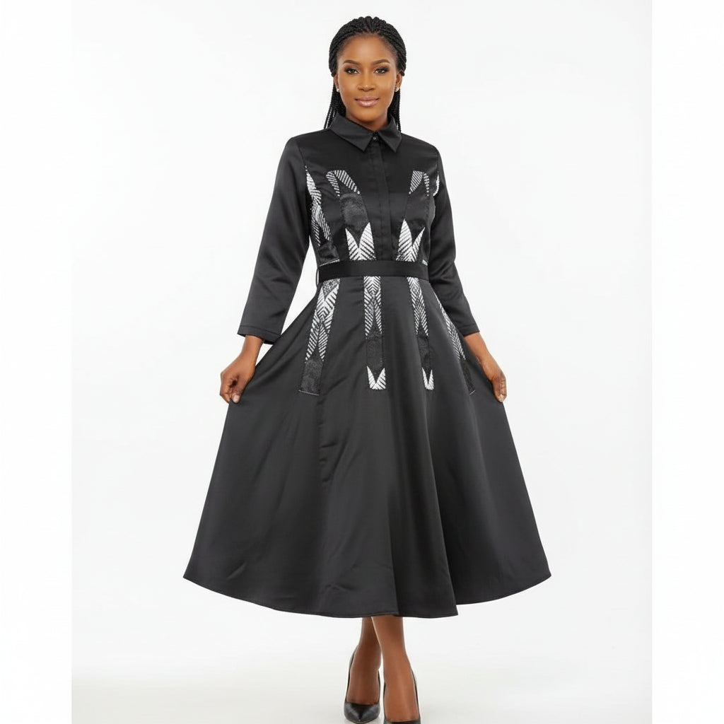 Three Quarters Sleeve Down-Collar Detailed Midi Dress