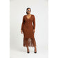 Long Sleeve Bottom Tassel Midi Dress