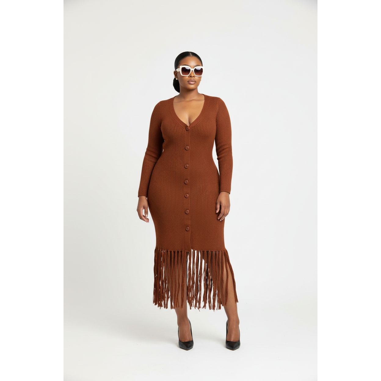 Long Sleeve Bottom Tassel Midi Dress