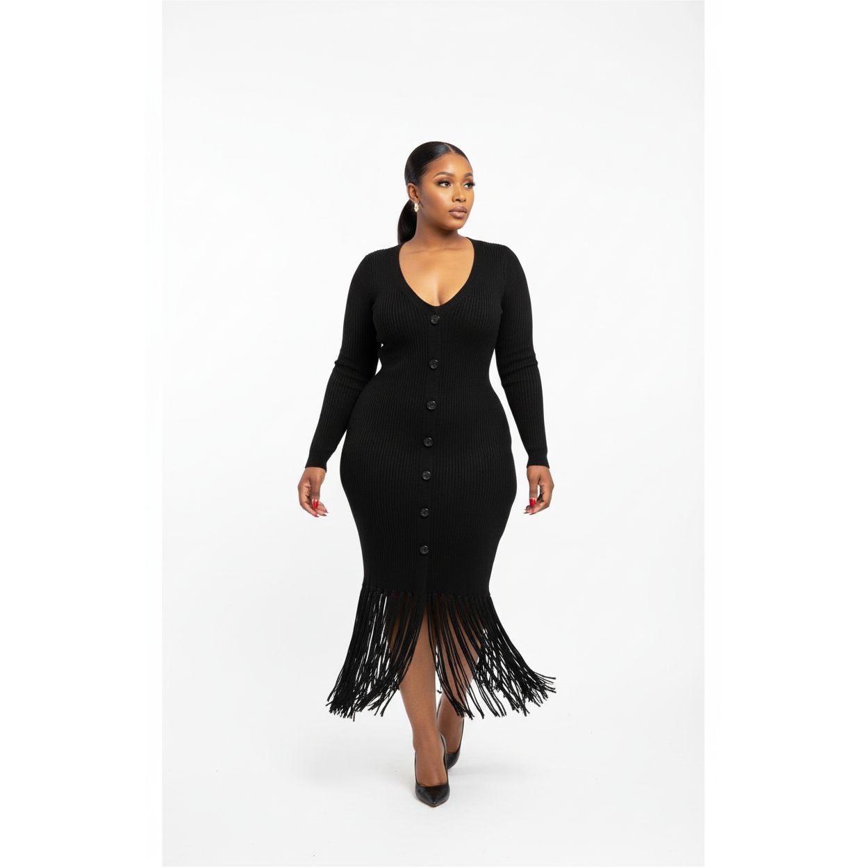 Long Sleeve Bottom Tassel Midi Dress