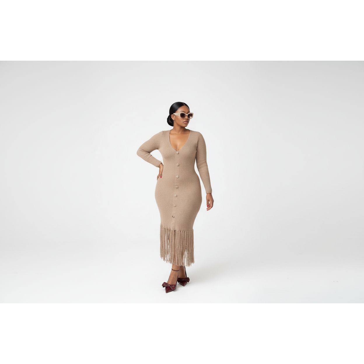 Long Sleeve Bottom Tassel Midi Dress