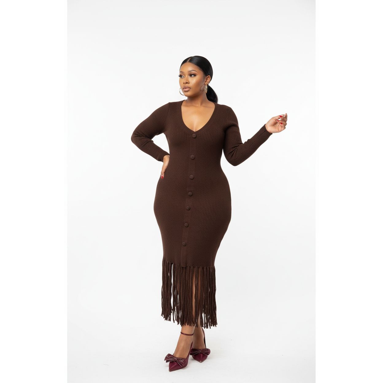 Long Sleeve Bottom Tassel Midi Dress