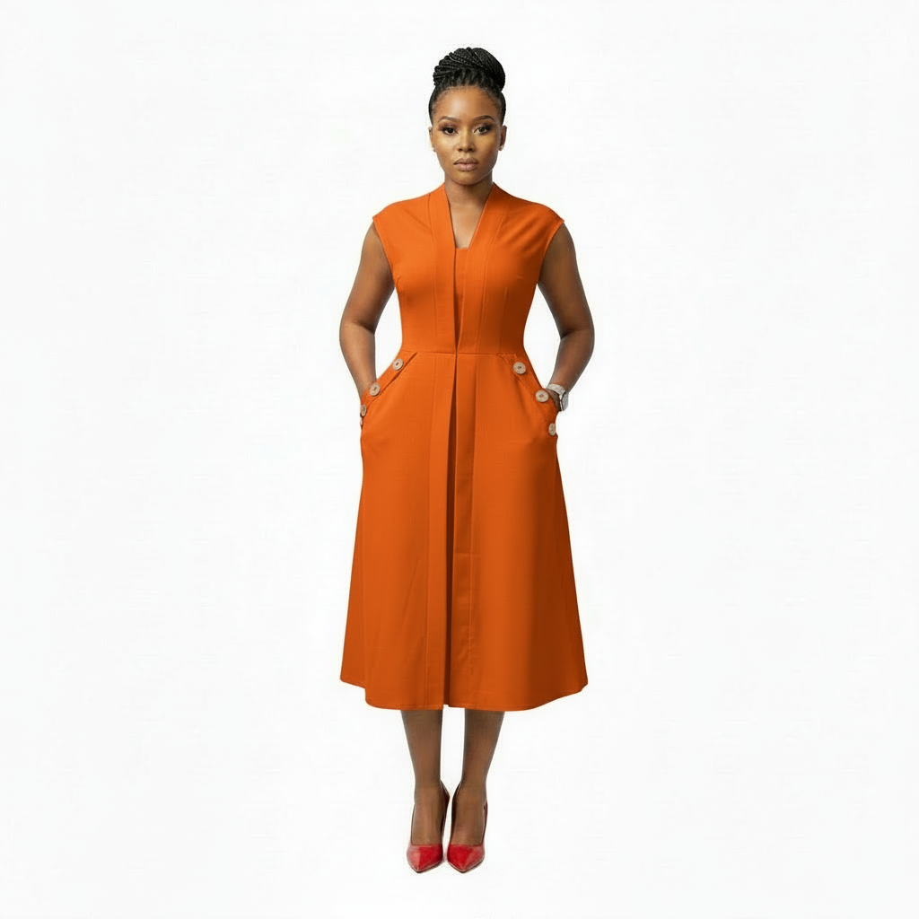 Sleeveless Ruffle Front Trim Button Sexy Midi Dress