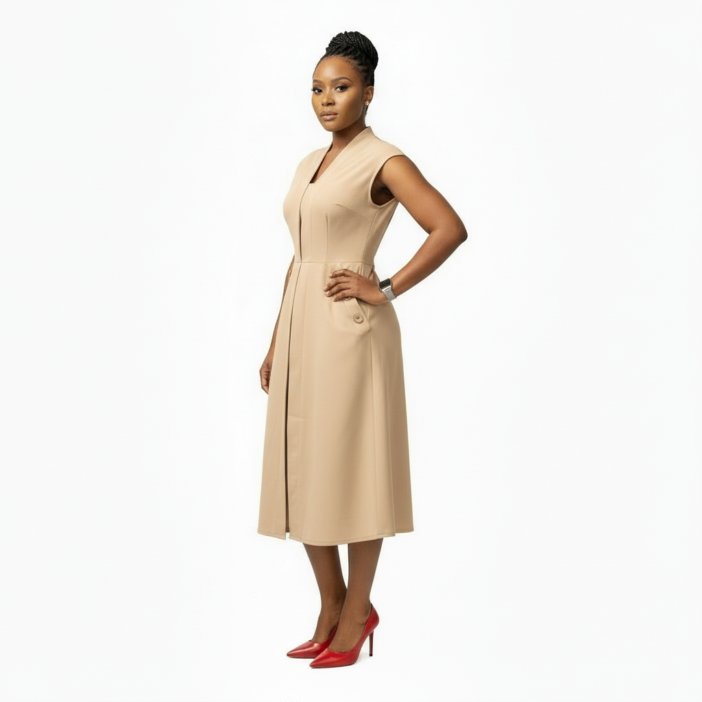 Sleeveless Ruffle Front Trim Button Sexy Midi Dress