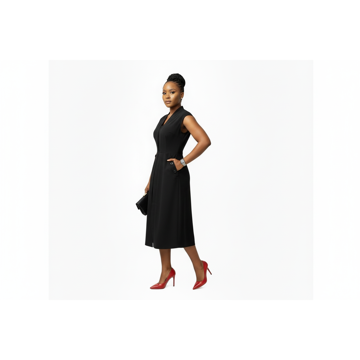 Sleeveless Ruffle Front Trim Button Sexy Midi Dress