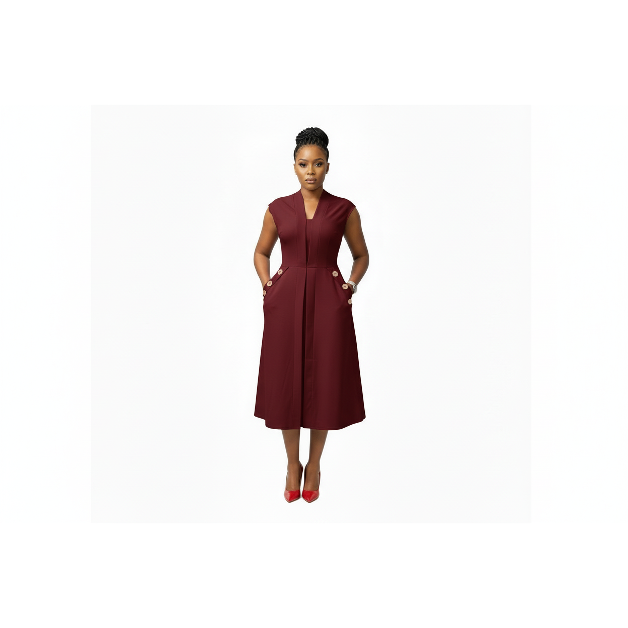 Sleeveless Ruffle Front Trim Button Sexy Midi Dress