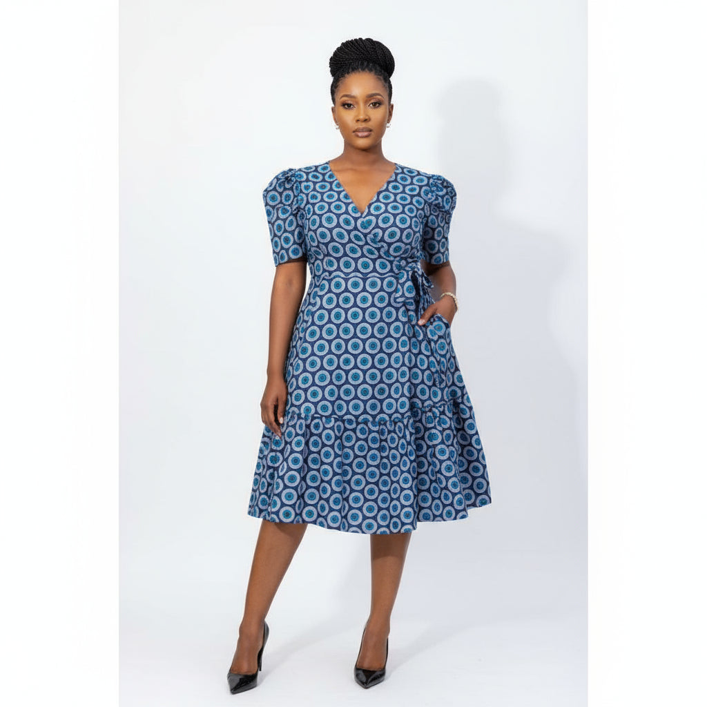 Short Sleeve African Print Pleated Knee Dress.