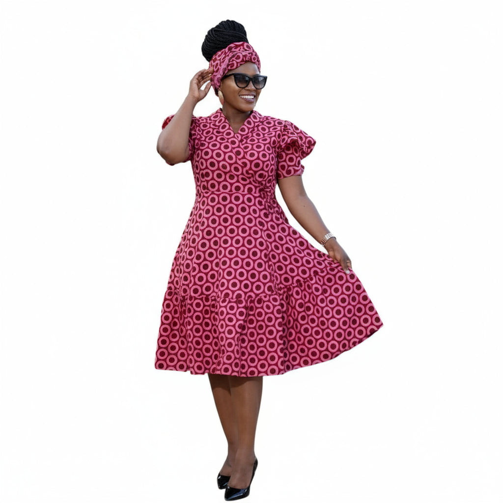 Short Sleeve African Print Pleated Knee Dress.