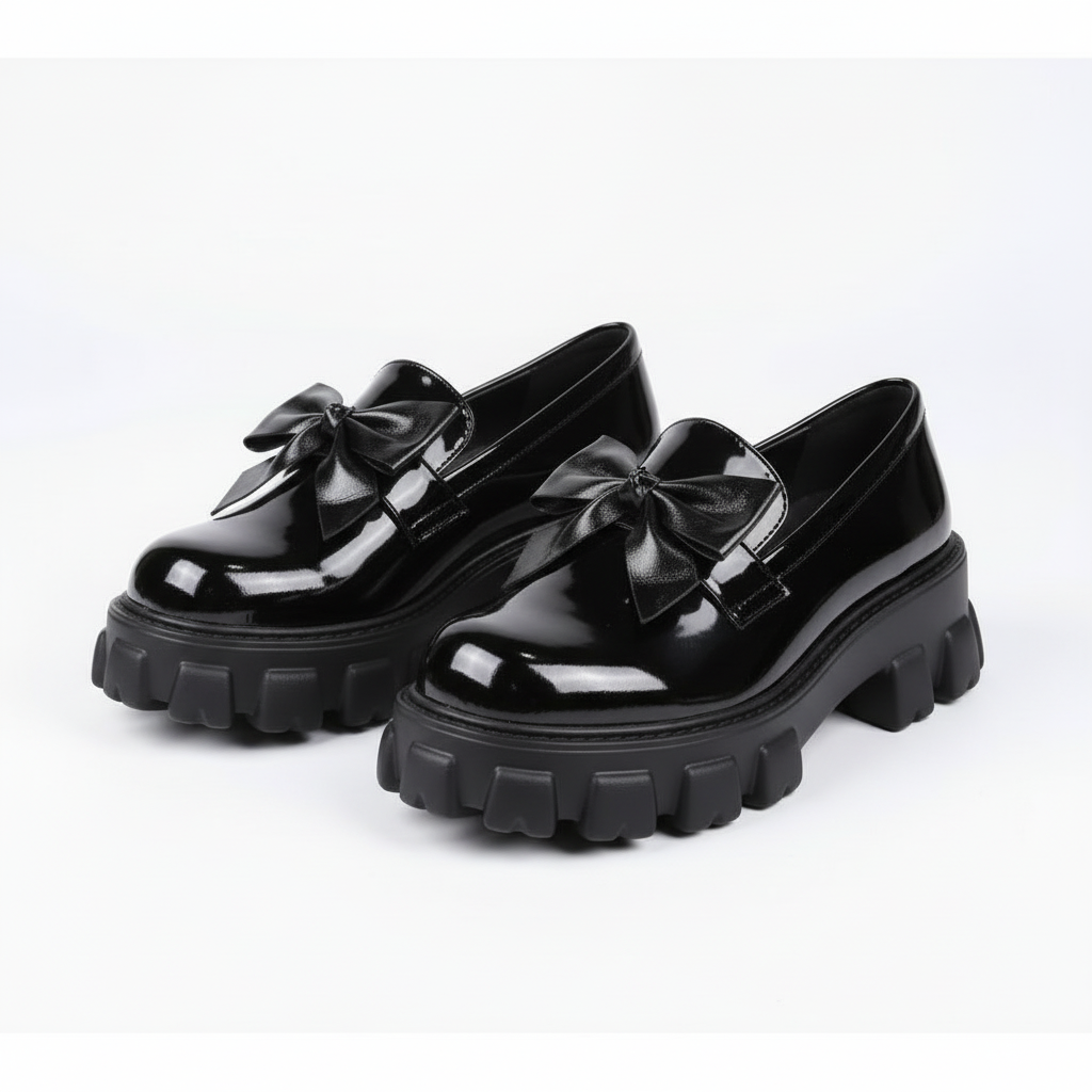 Black Bowknot Bulky Platform Oxford Glossy Shoes