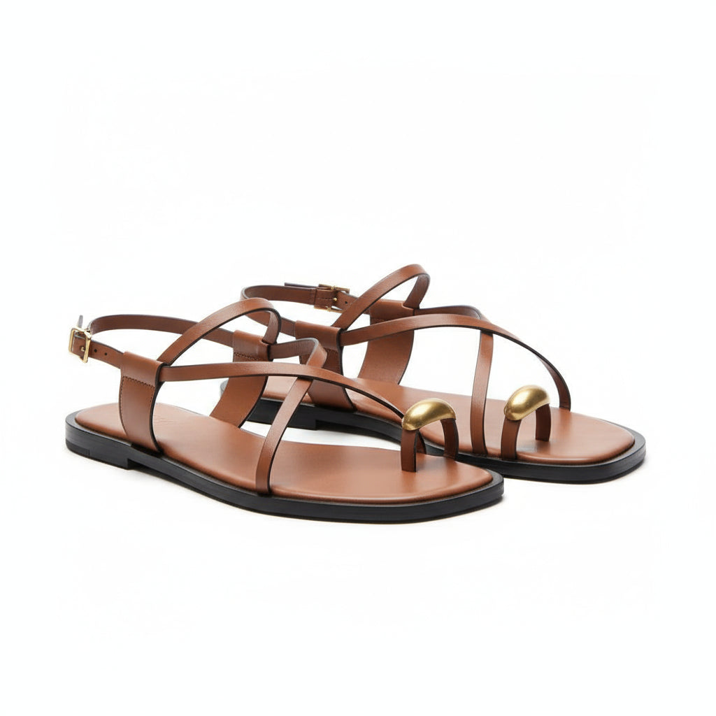 Pair of brown sandals with gold accents on a white background