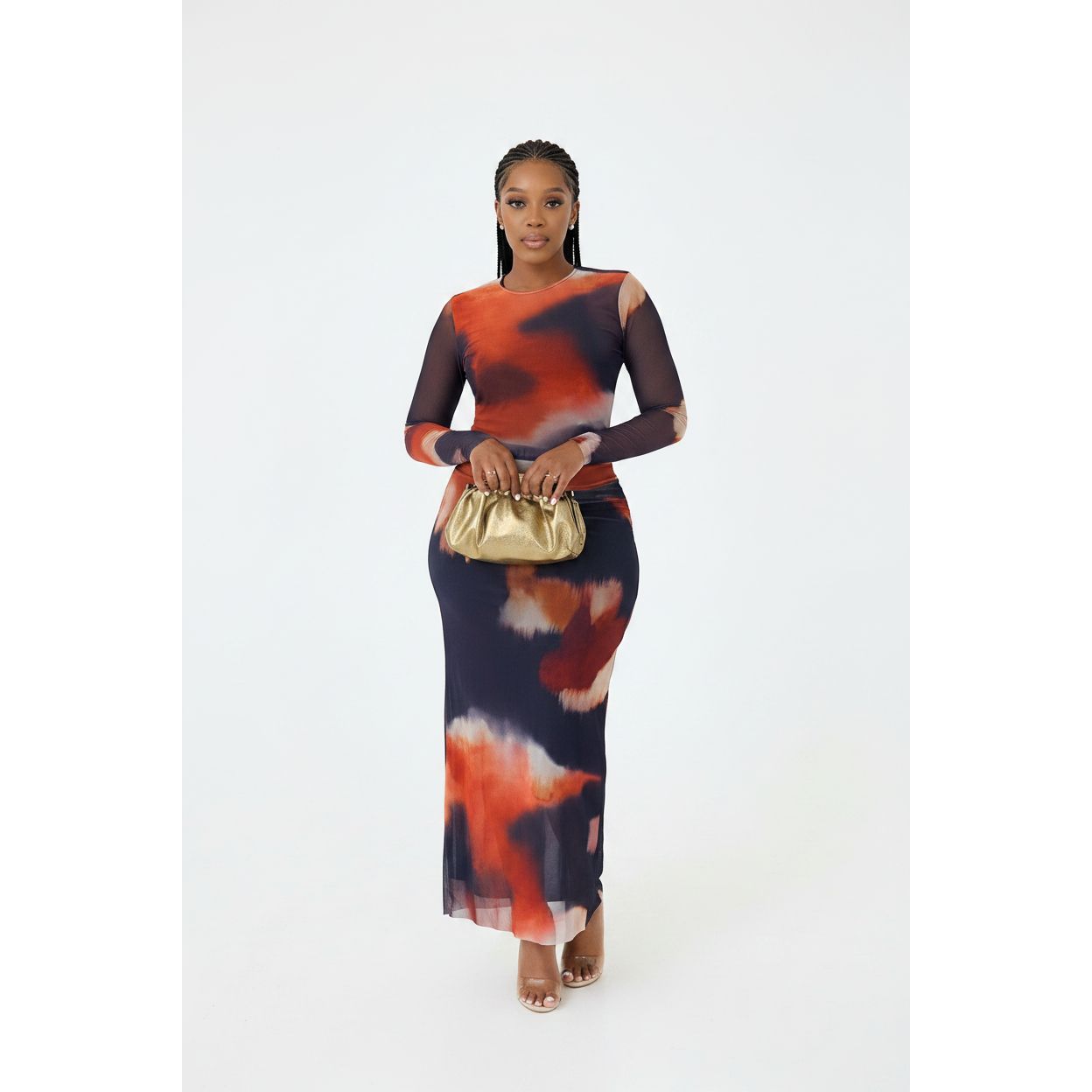 Long Sleeve Women's Gradient Pleated Maxi Dress Outfit