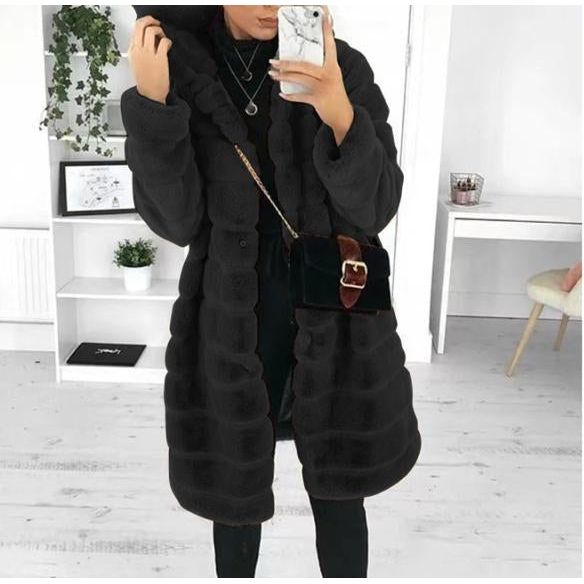 Thickened Warm Long Faux Fur Hooded Hairy Warm Fluffy Coat Jackets