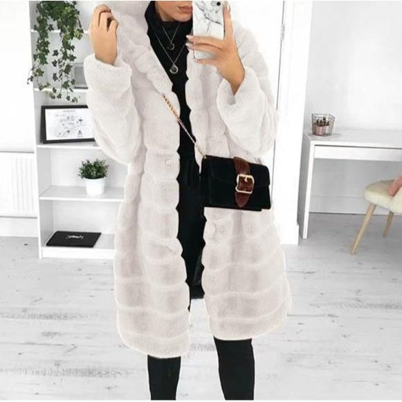 Thickened Warm Long Faux Fur Hooded Hairy Warm Fluffy Coat Jackets