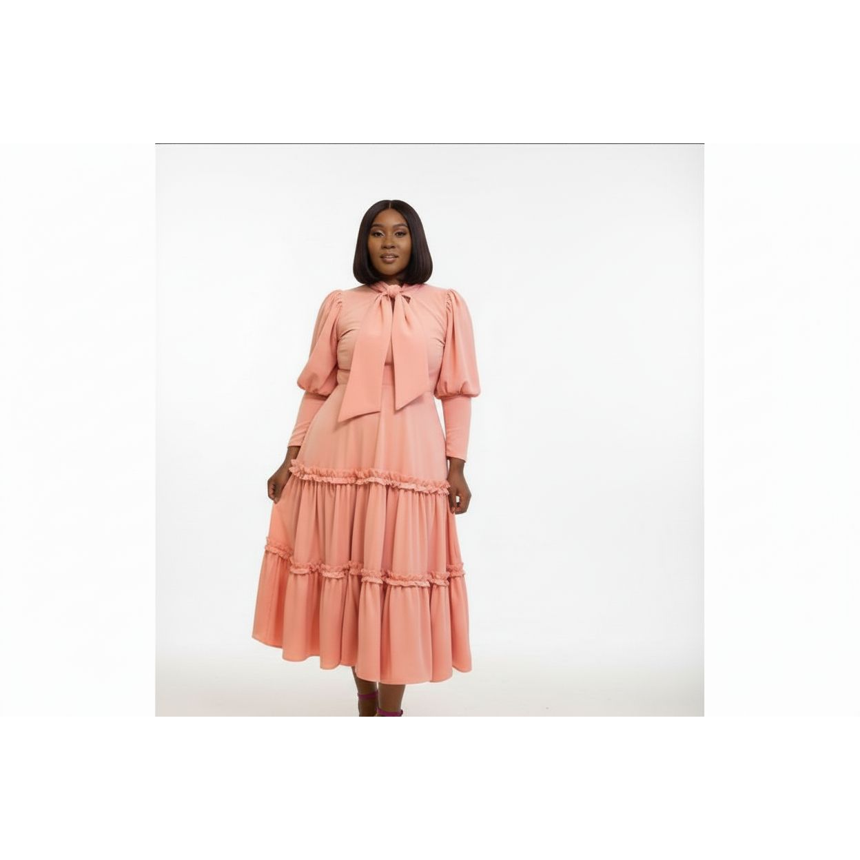 Ribbon Design Round Neck Puff Shoulder Pleat Midi Dress – YELLOW