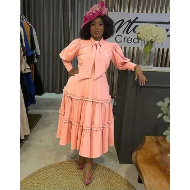 Ribbon Design Round Neck Puff Shoulder Pleat Midi Dress