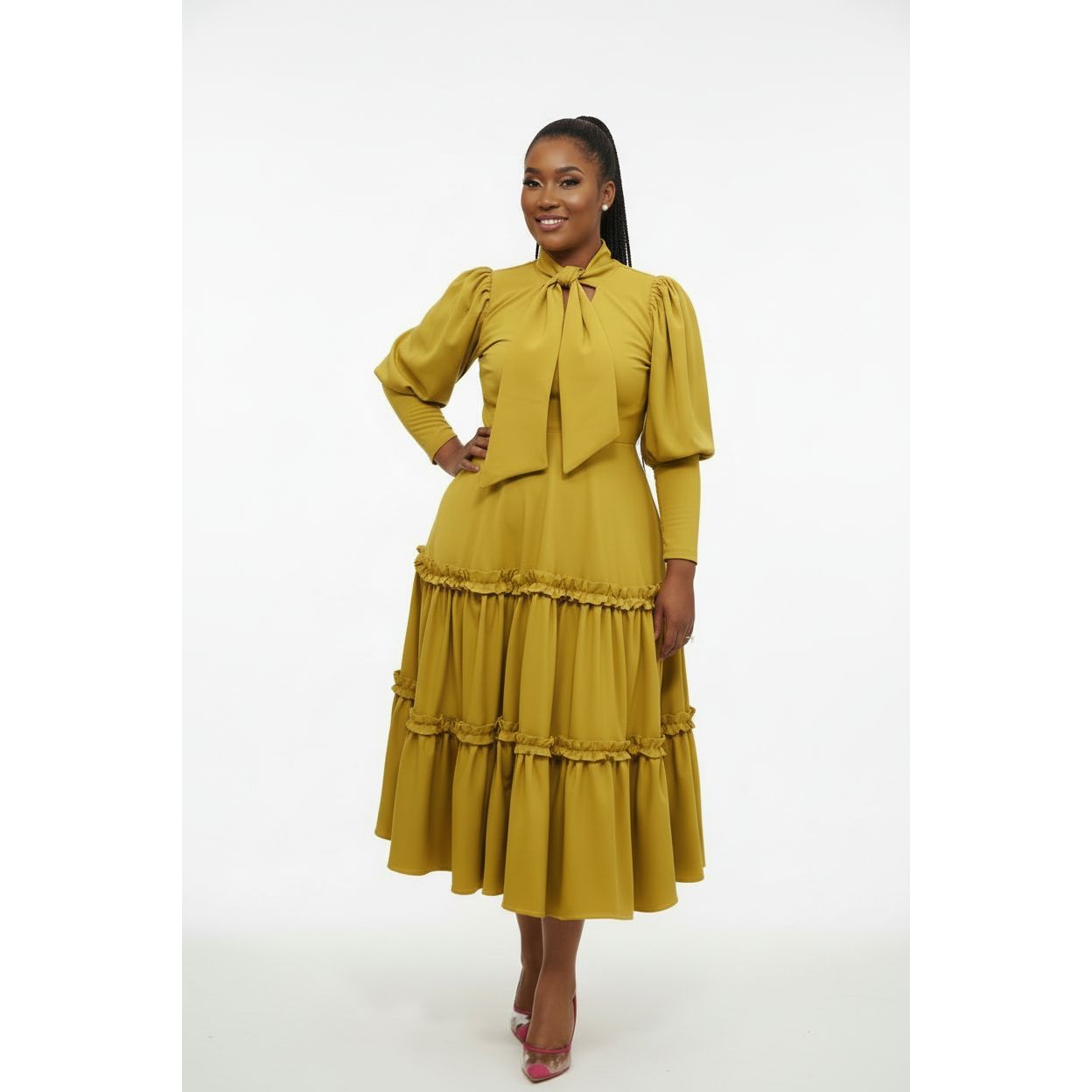 Ribbon Design Round Neck Puff Shoulder Pleat Midi Dress – YELLOW
