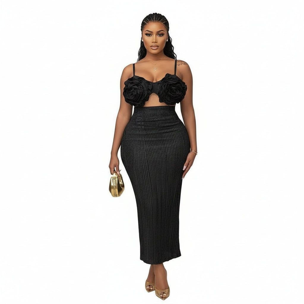 Floral Breasted Prom Night Elegant Party Pleated Dress