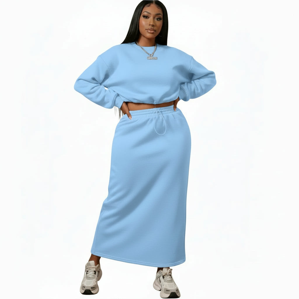 Sexy Knitted Long Sleeve Top & Midi Skirt 2 Piece Set