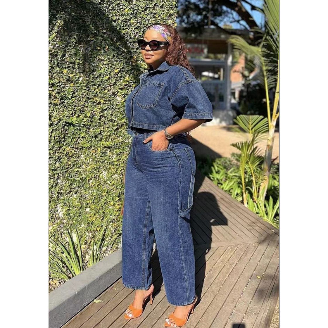 Side Pocket Cargo Jean and Plus Size Short Sleeve Pullover Denim Set