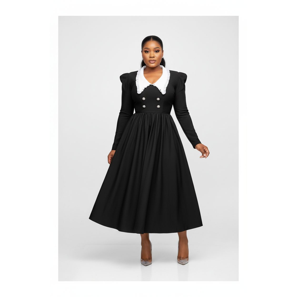 Contrast Collar Fold Pleated Dress