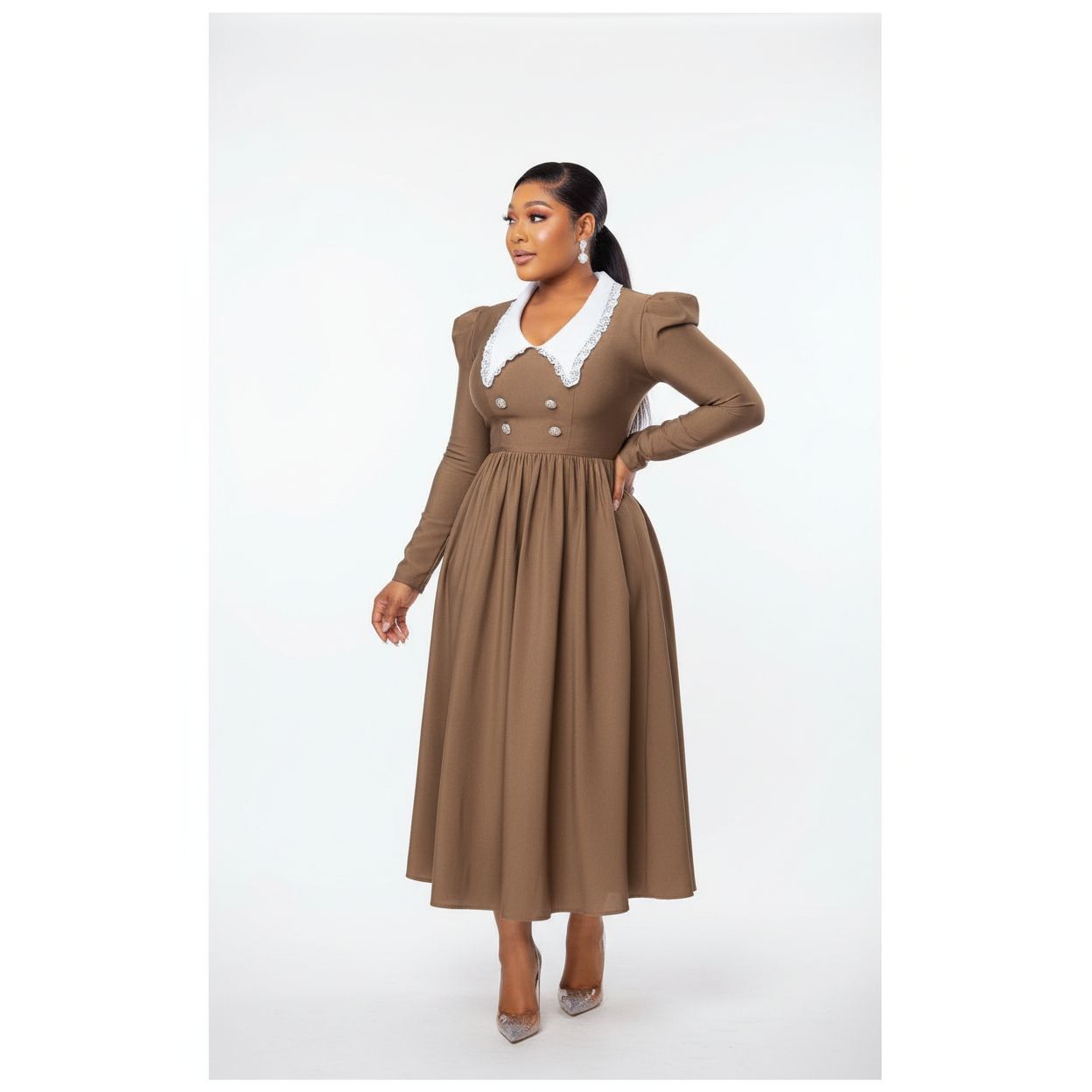 Contrast Collar Fold Pleated Dress
