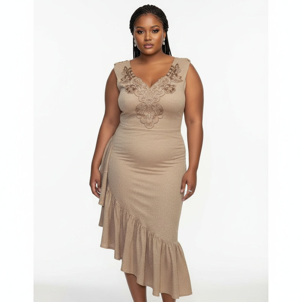 Asymmetric Cocktail Sleeve Sequin Ruffle Embroidery Midi Dress.