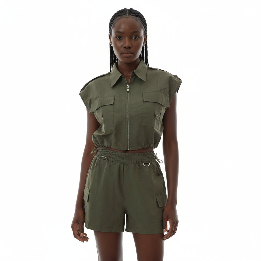 Sleeveless Cargo Top with Mini Short Pants 2 Set
