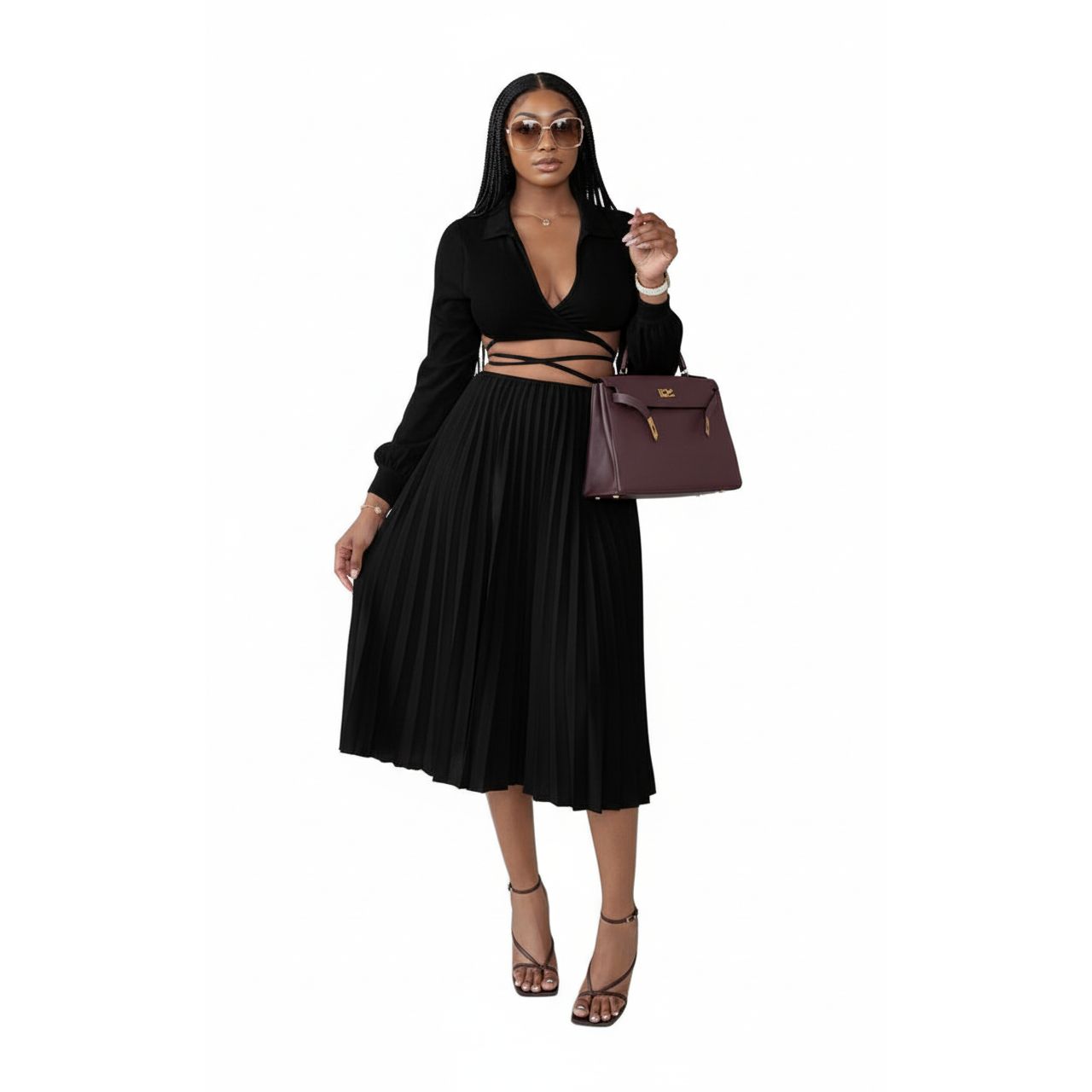 Strappy Shirt Top with Pleated Mid Skirt 2 Piece Set