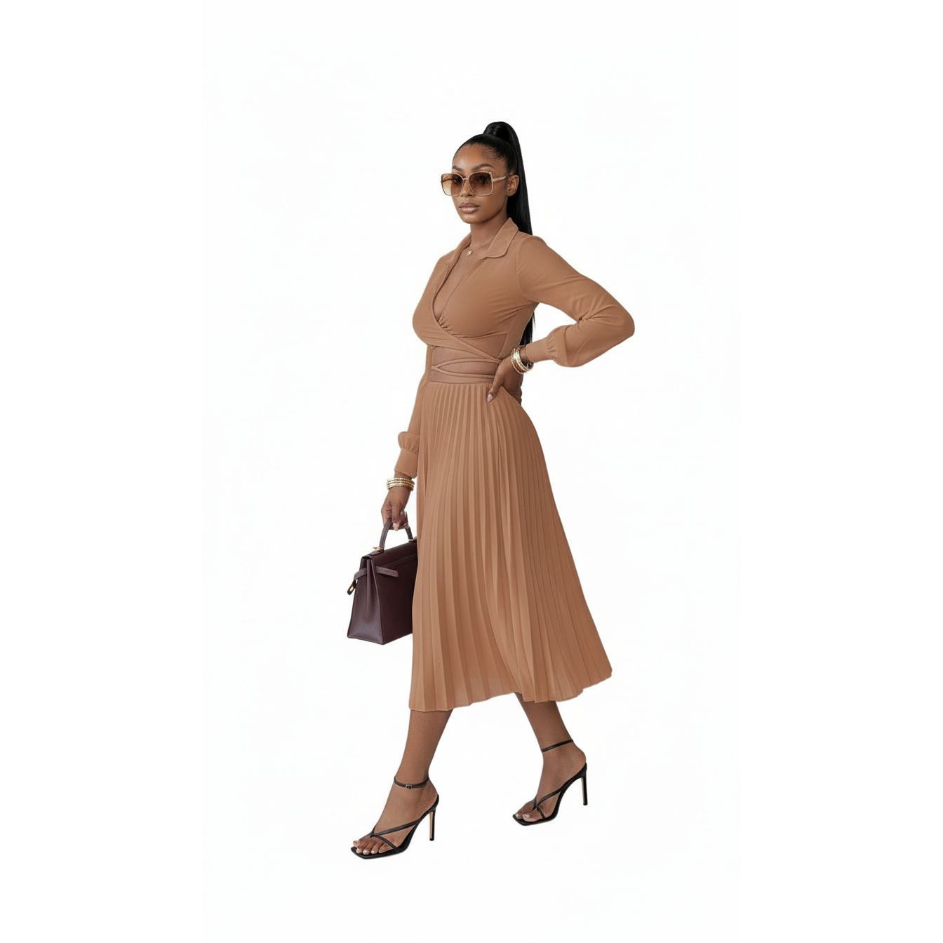 Strappy Shirt Top with Pleated Mid Skirt 2 Piece Set