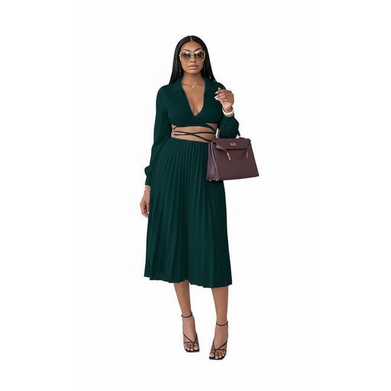 Strappy Shirt Top with Pleated Mid Skirt 2 Piece Set