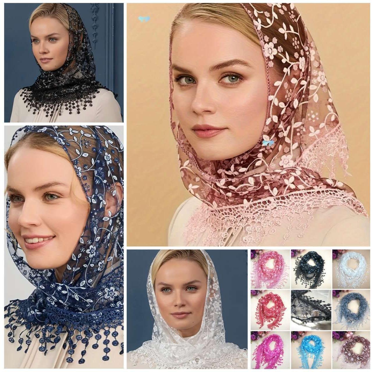 Lace Tassel Floral Triangle Scarf Wedding Headscarf Worship Scarf Shawl
