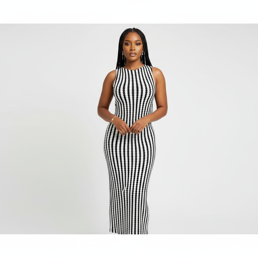 Women's Striped Bodycon Sleeveless Elegant Midi Dress