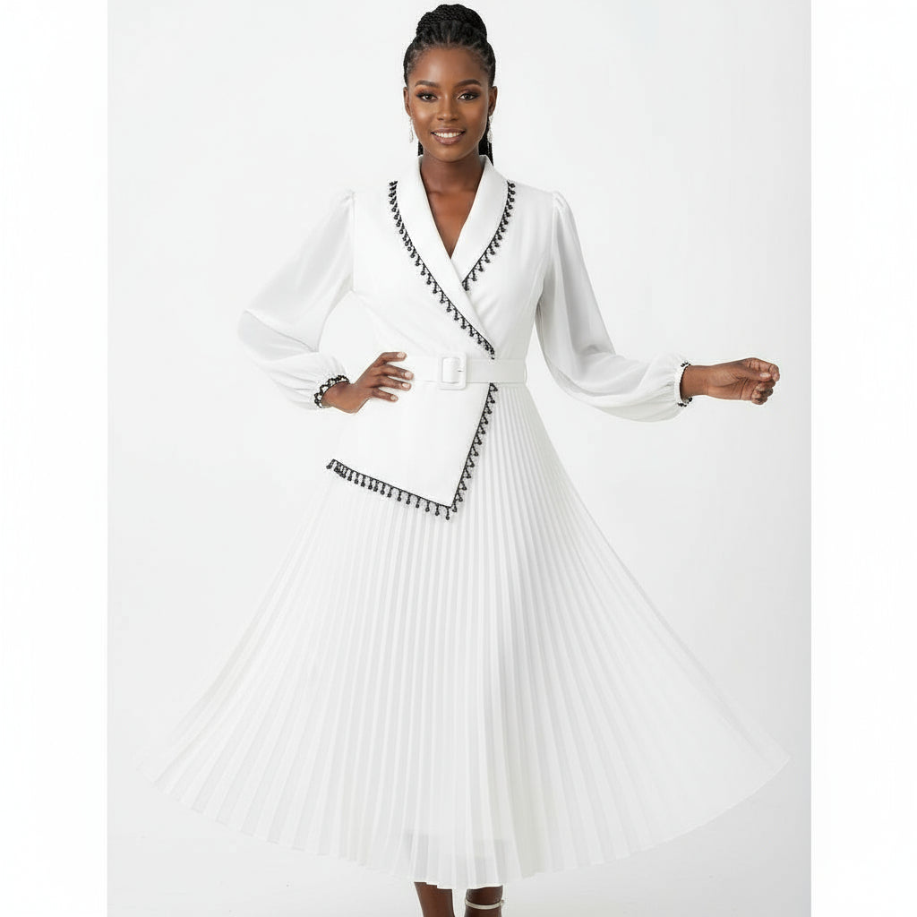 Long Lace Sleeved Pleated V-Neck Midi Dress