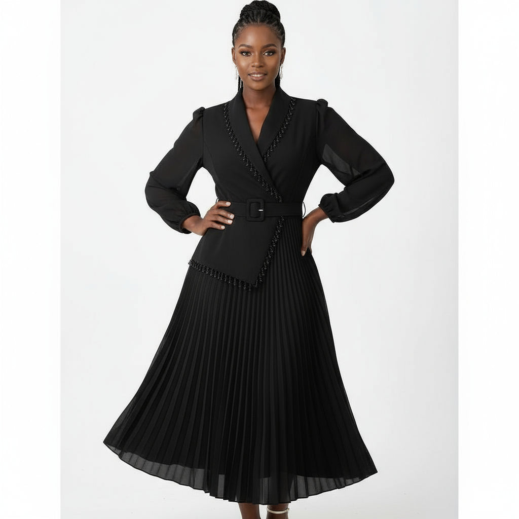 Long Lace Sleeved Pleated V-Neck Midi Dress