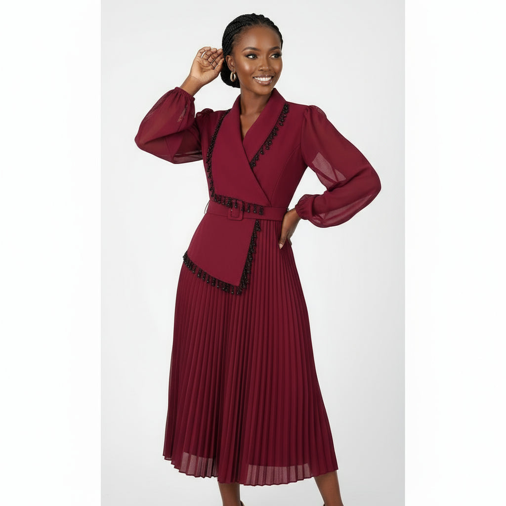 V-Neck Panel Pleated Long Dress