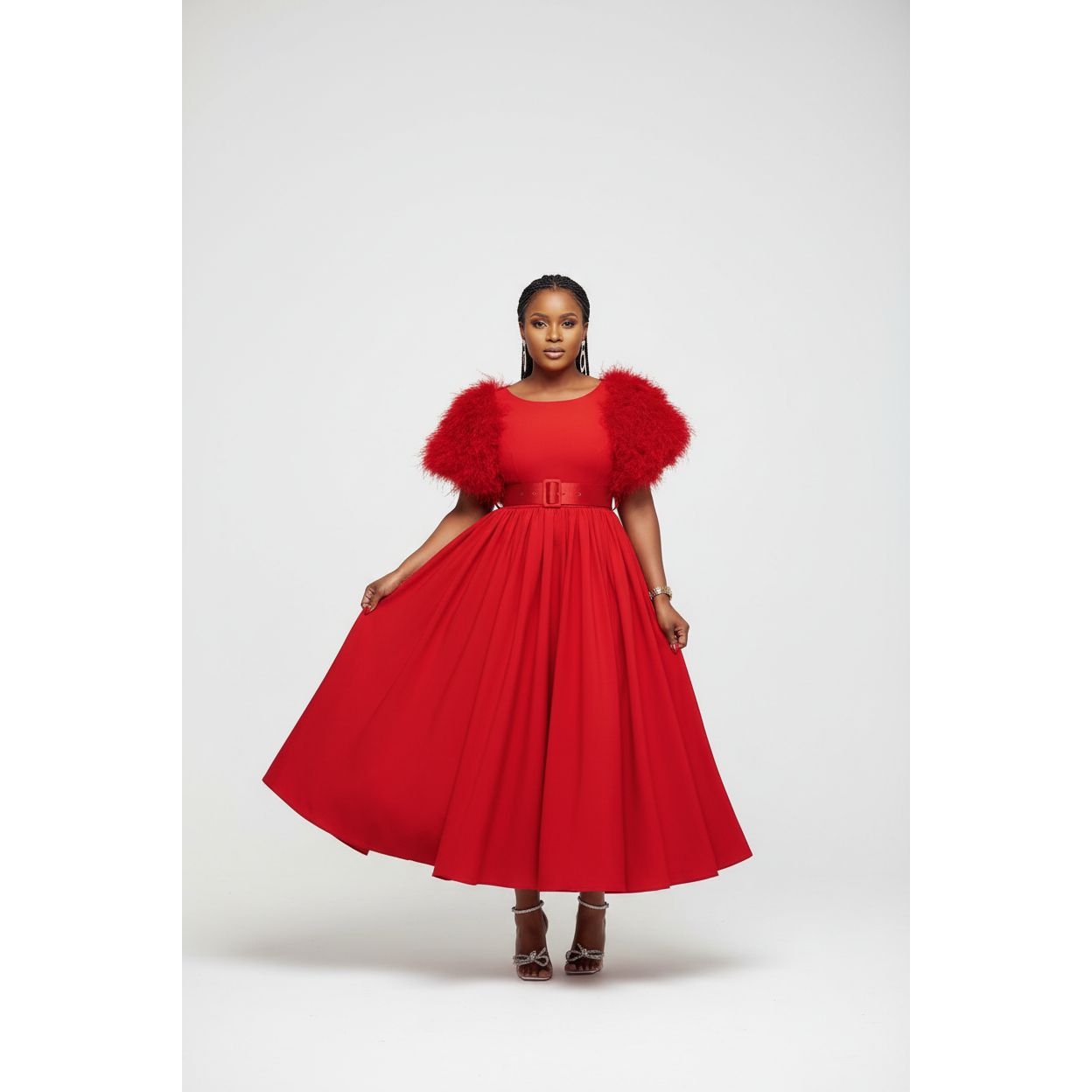Flare Short Sleeve Round-Neck Belted Midi Dress