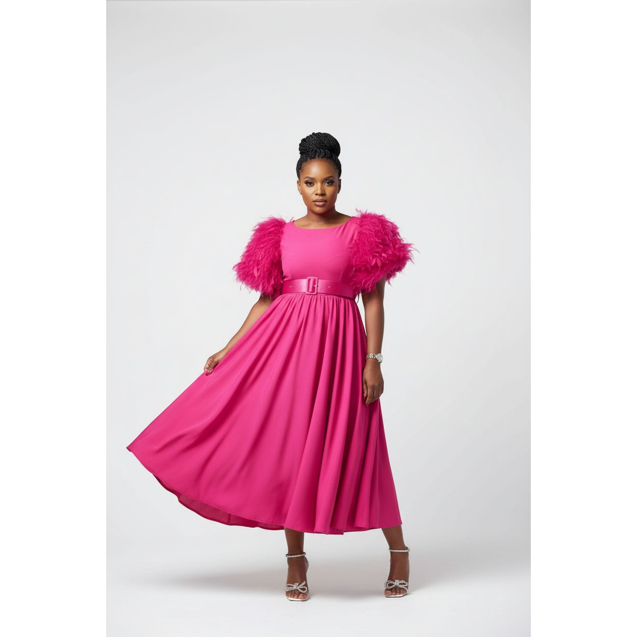 Flare Short Sleeve Round-Neck Belted Midi Dress