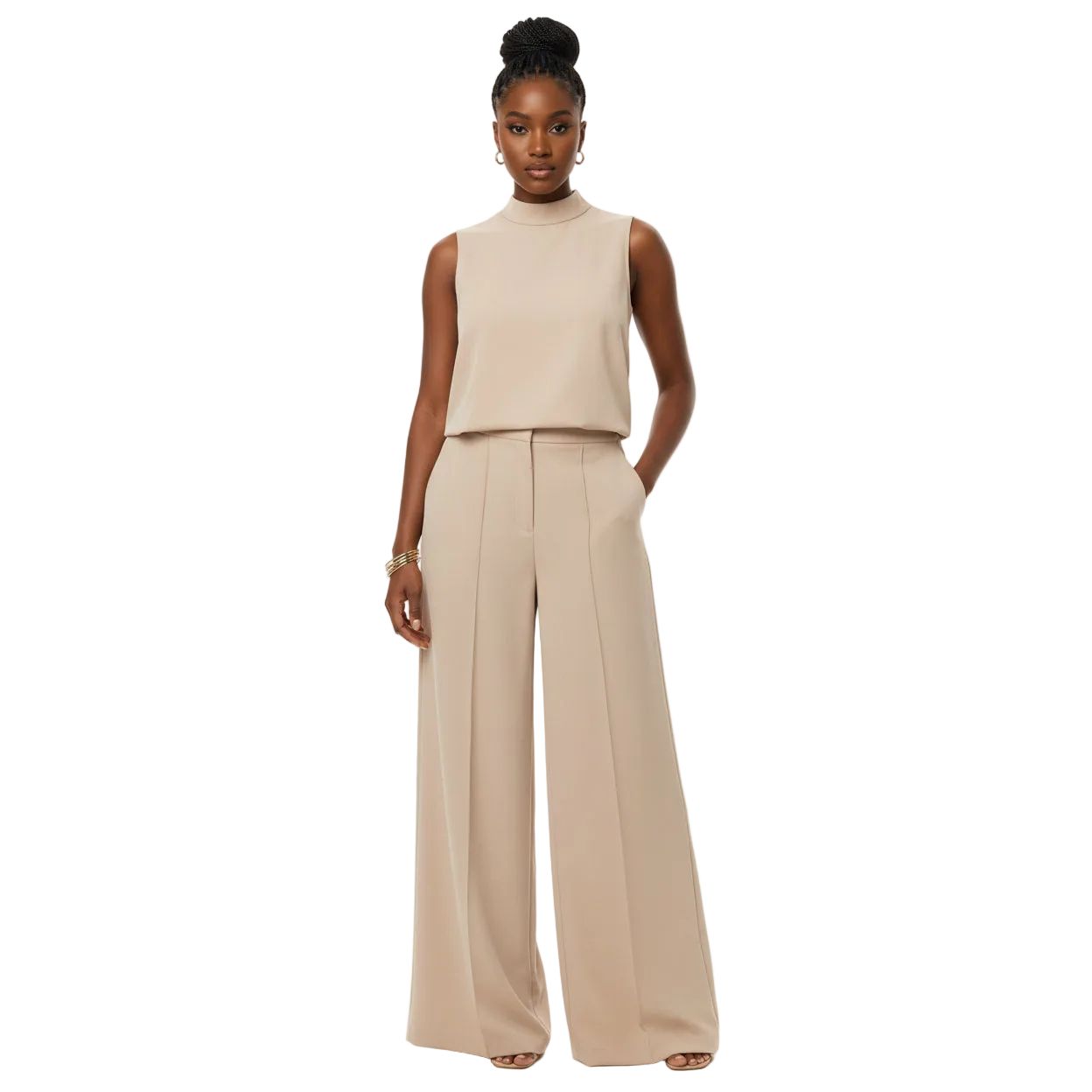 Elegant Sleeveless Top with Trousers, Lightweight Work Outfits Set