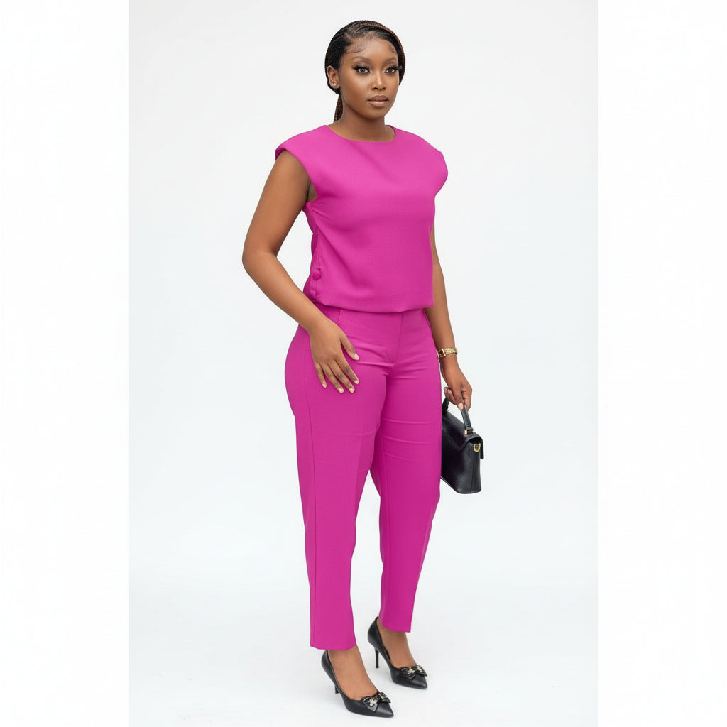Solid Color Sleeveless Sleeved Top and Pant Set.
