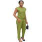 Solid Color Sleeveless Sleeved Top and Pant Set.